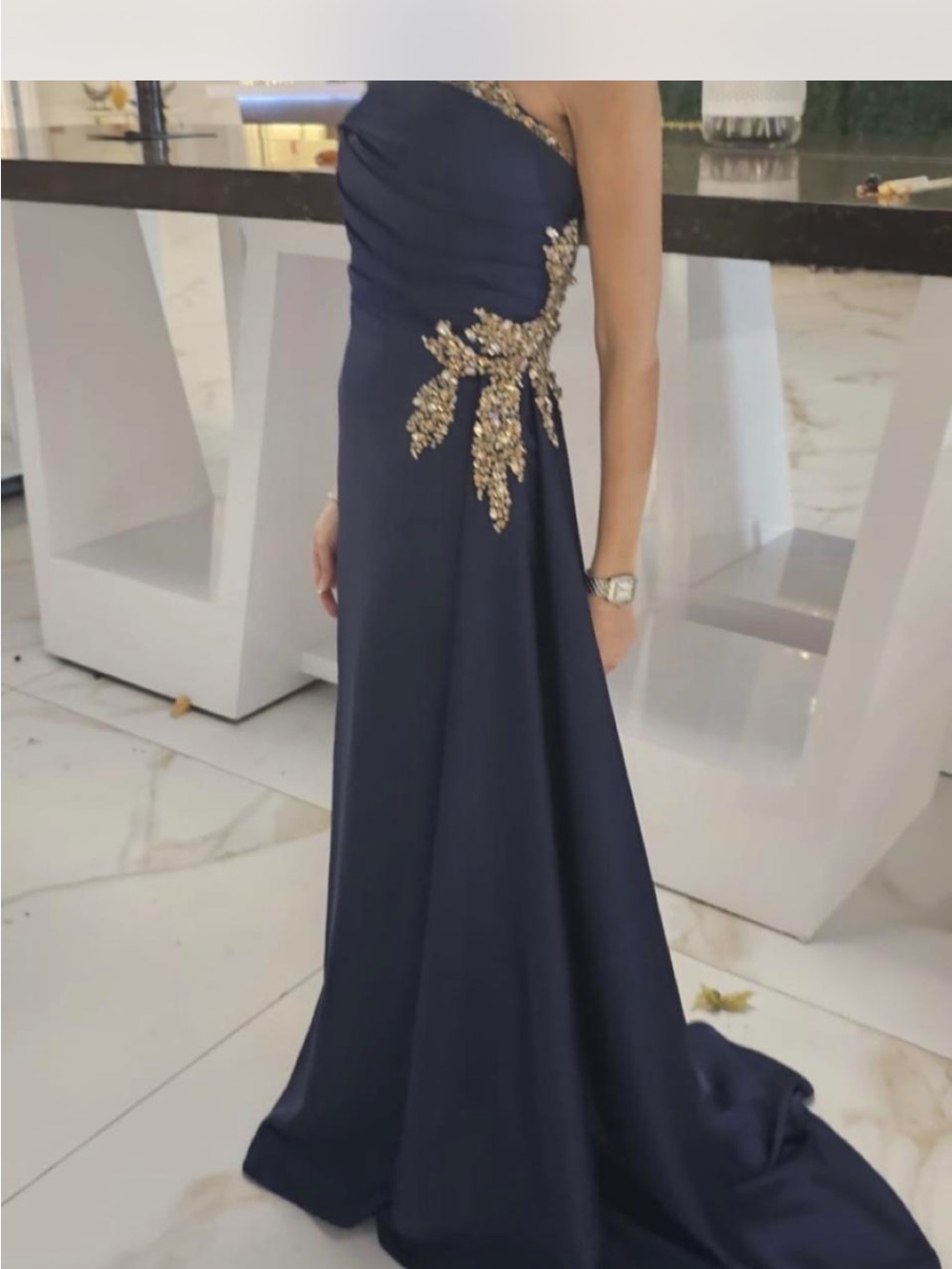 Portia and Scarlett Navy One-Shoulder Gown with Gold Embellishment